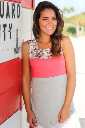 Pink and Gray Floral Tank Top