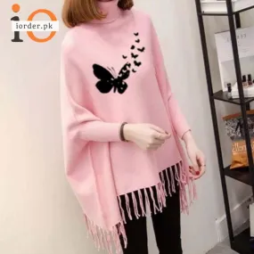 Pink Flying Butterfly Printed Poncho