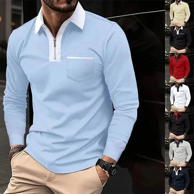 2024 Autumn Mens Long Sleeve Zipper Polo Shirts Casual Lapel Collar Zip Up Henley Shirts Cotton Sports Golf Tennis T-Shirts With Pockets