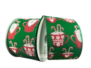 2.5" Santa Hot Cocoa Mugs Ribbon: Emerald - 10yds