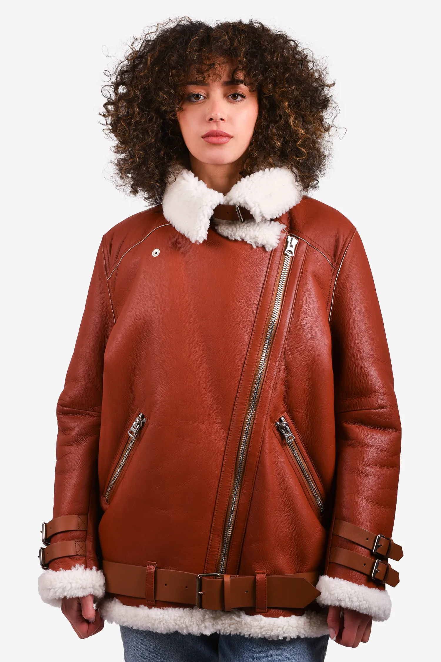 Acne Studios Red Shearling/Leather Collared Jacket Size 38