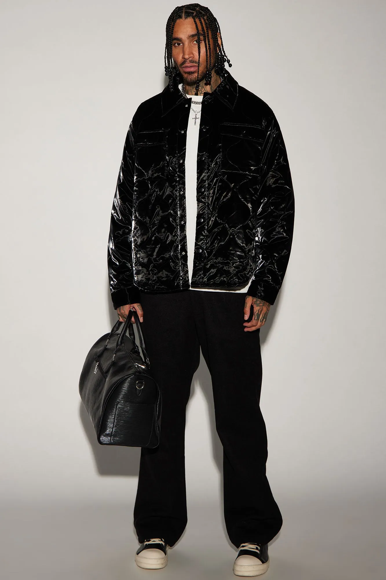 Aspen Quilted Gloss Nylon Shacket - Black