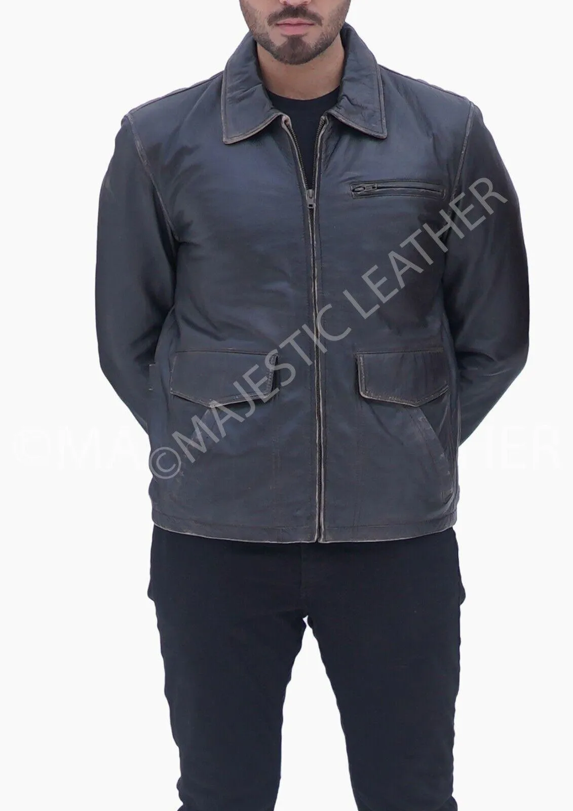 Aviator Distress Black Grey Real Leather Jacket