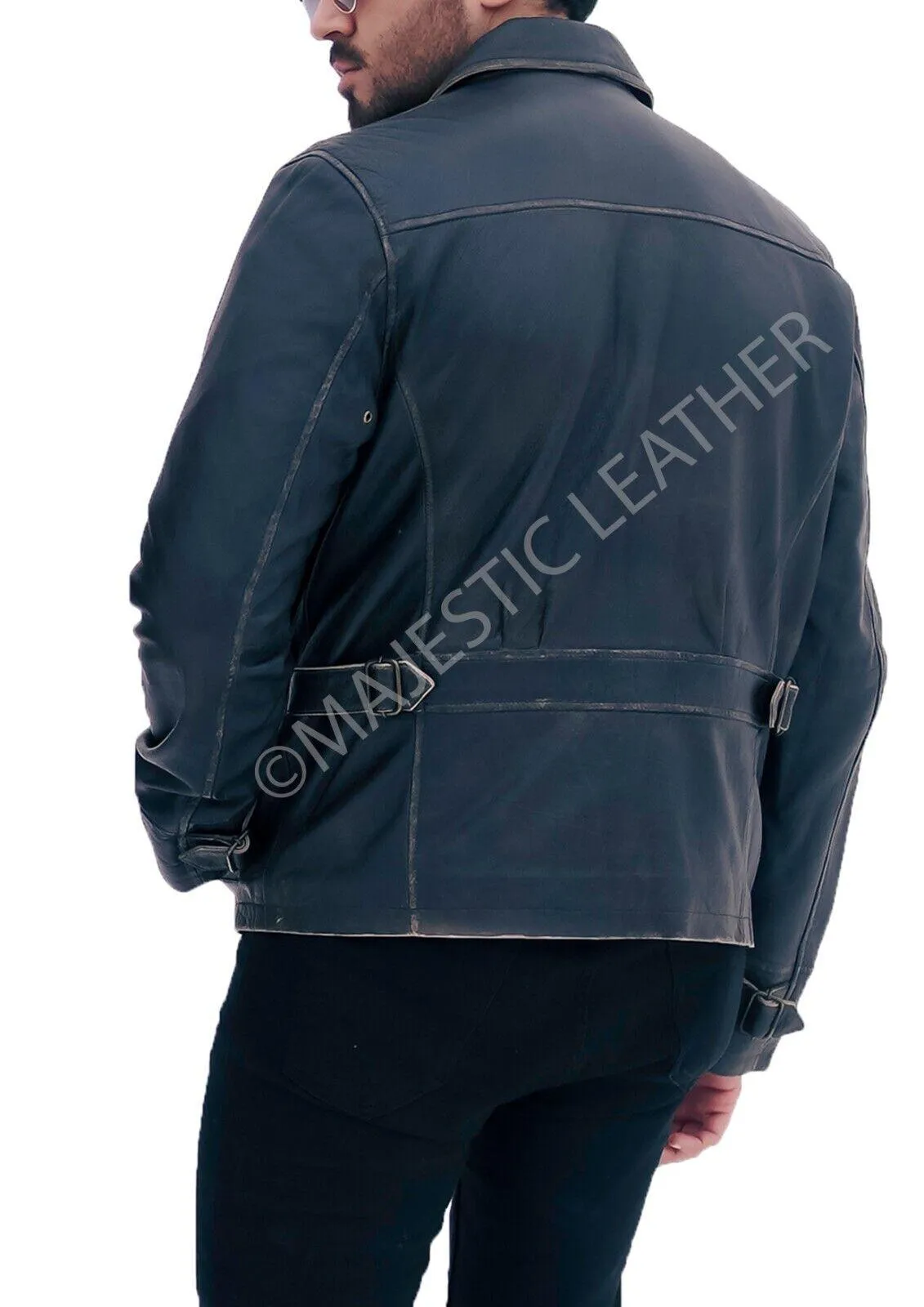 Aviator Distress Black Grey Real Leather Jacket