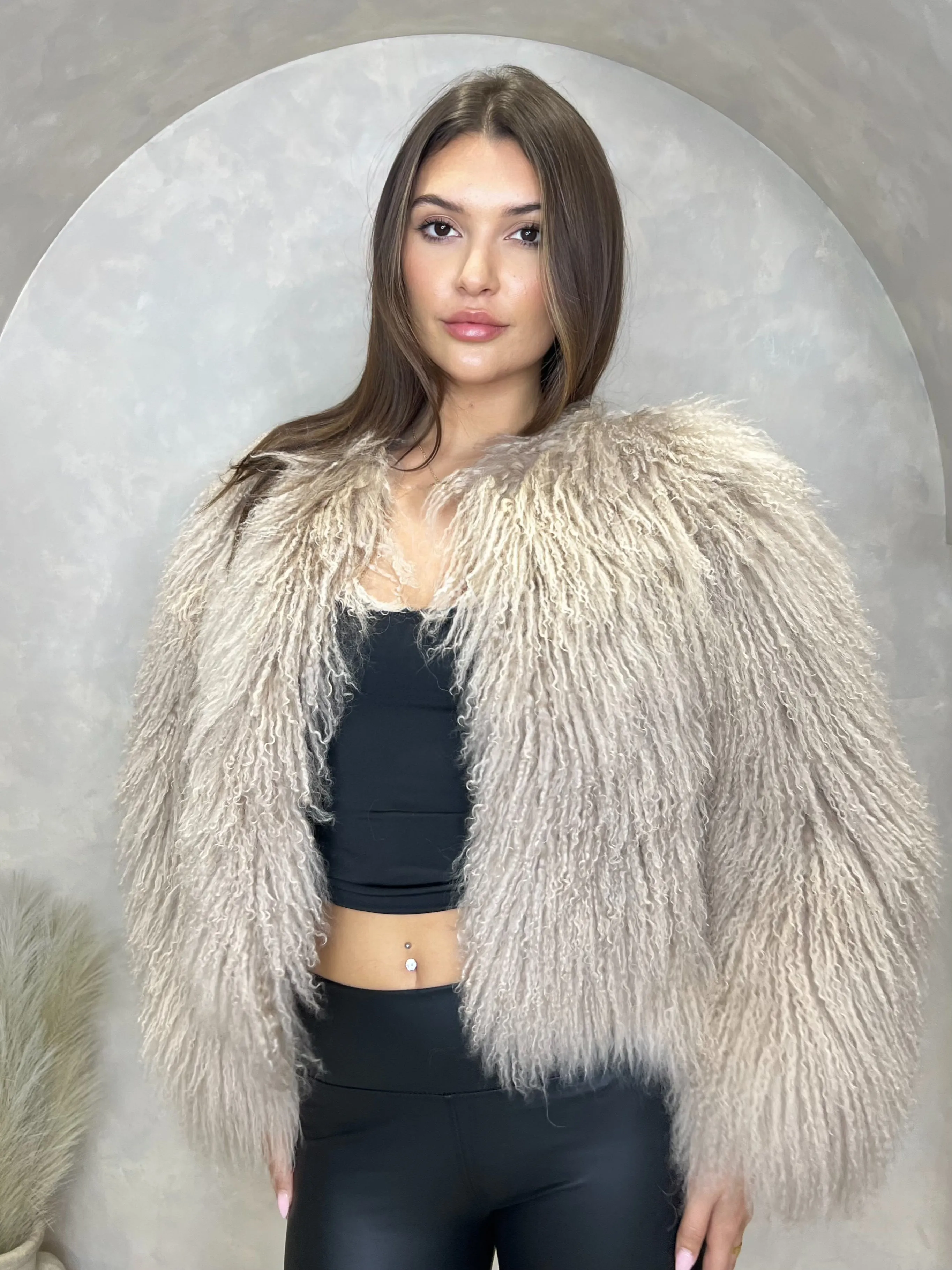 Beige Luxury Mongolian Lamb Fur Coat