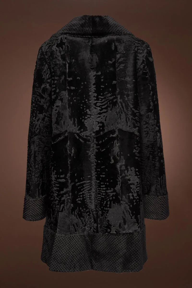 Black Broadtail & Pineapple Grooved Mid-Length Mink Fur Coat