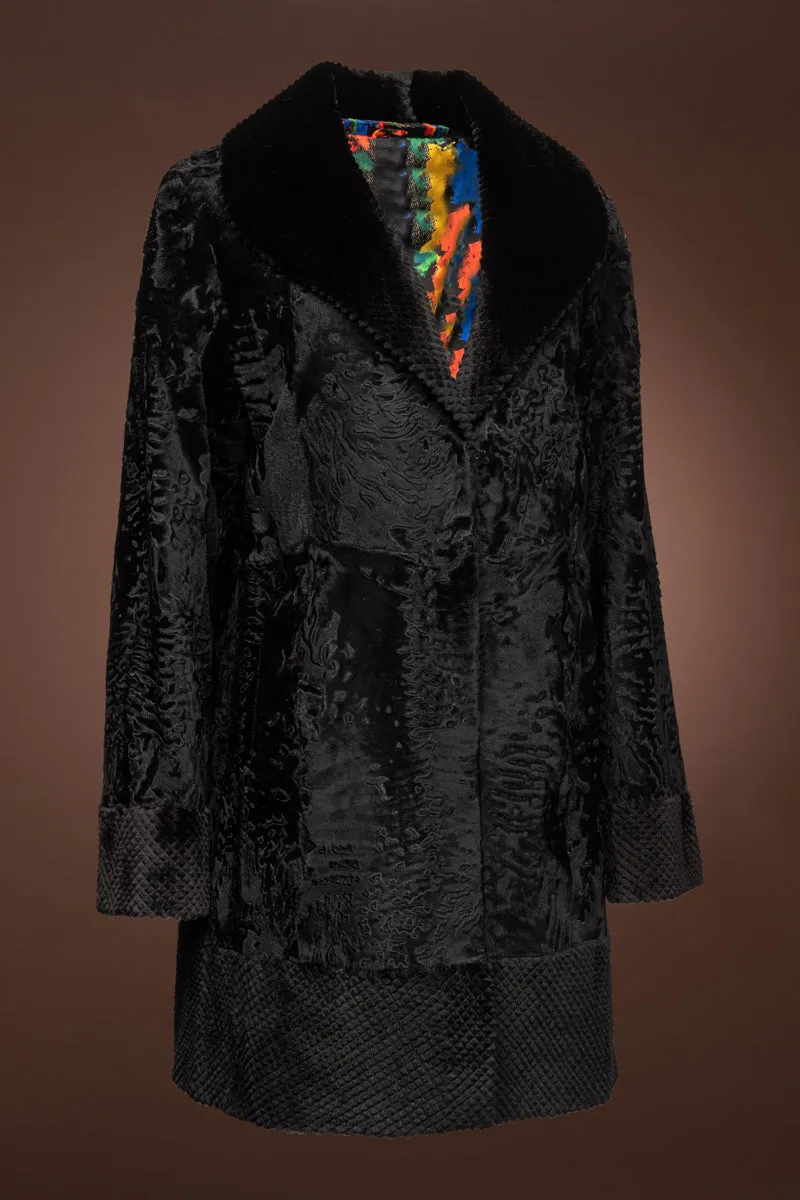 Black Broadtail & Pineapple Grooved Mid-Length Mink Fur Coat