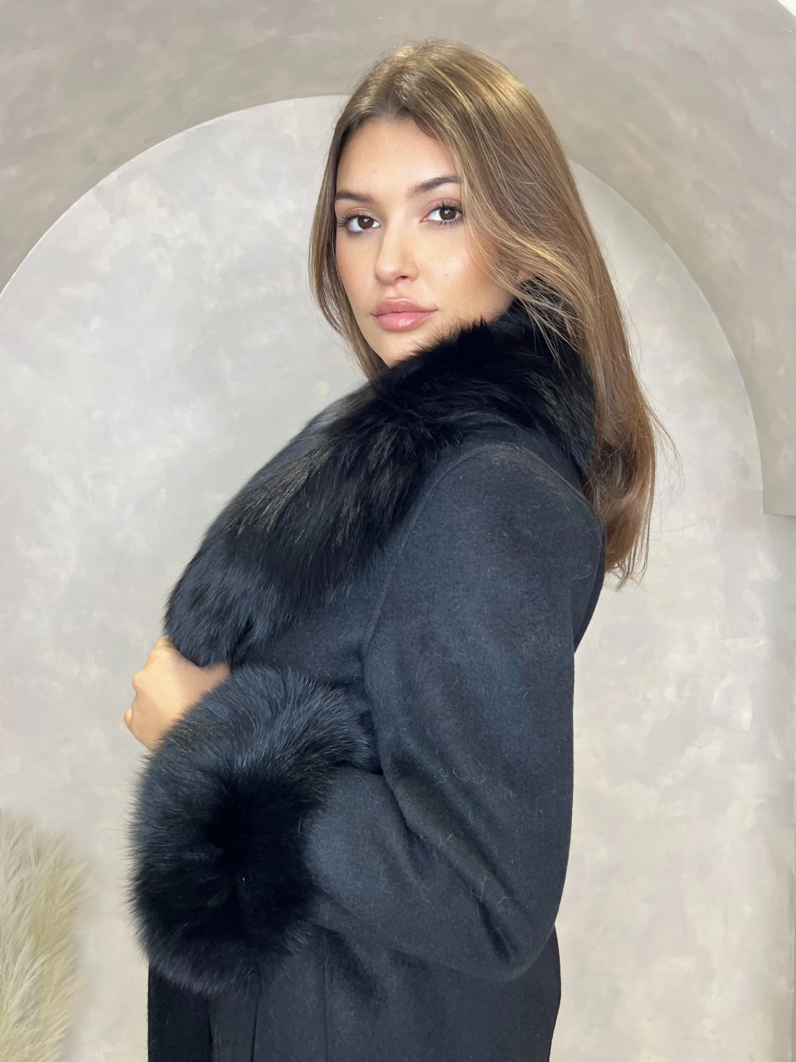 Black Luxury Fur Cashmere Coat