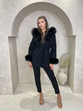 Black/Black Cashmere Coat With Fox Fur Trim