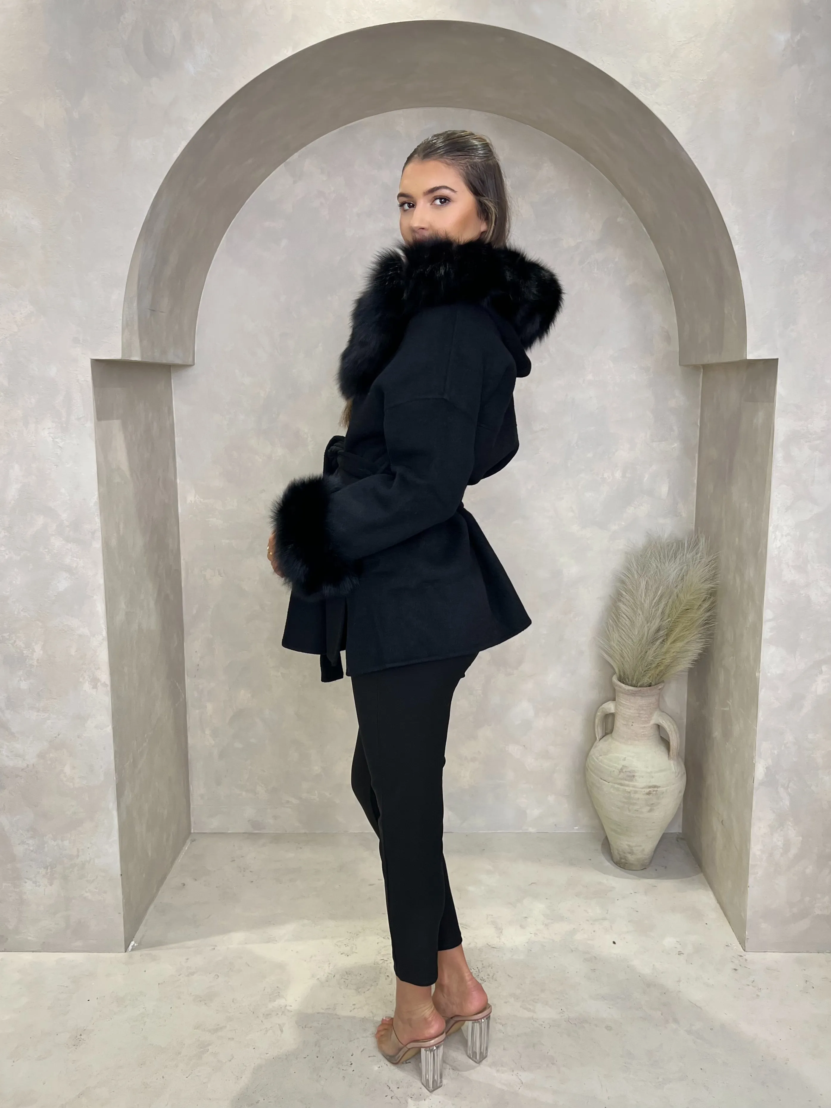 Black/Black Cashmere Coat With Fox Fur Trim