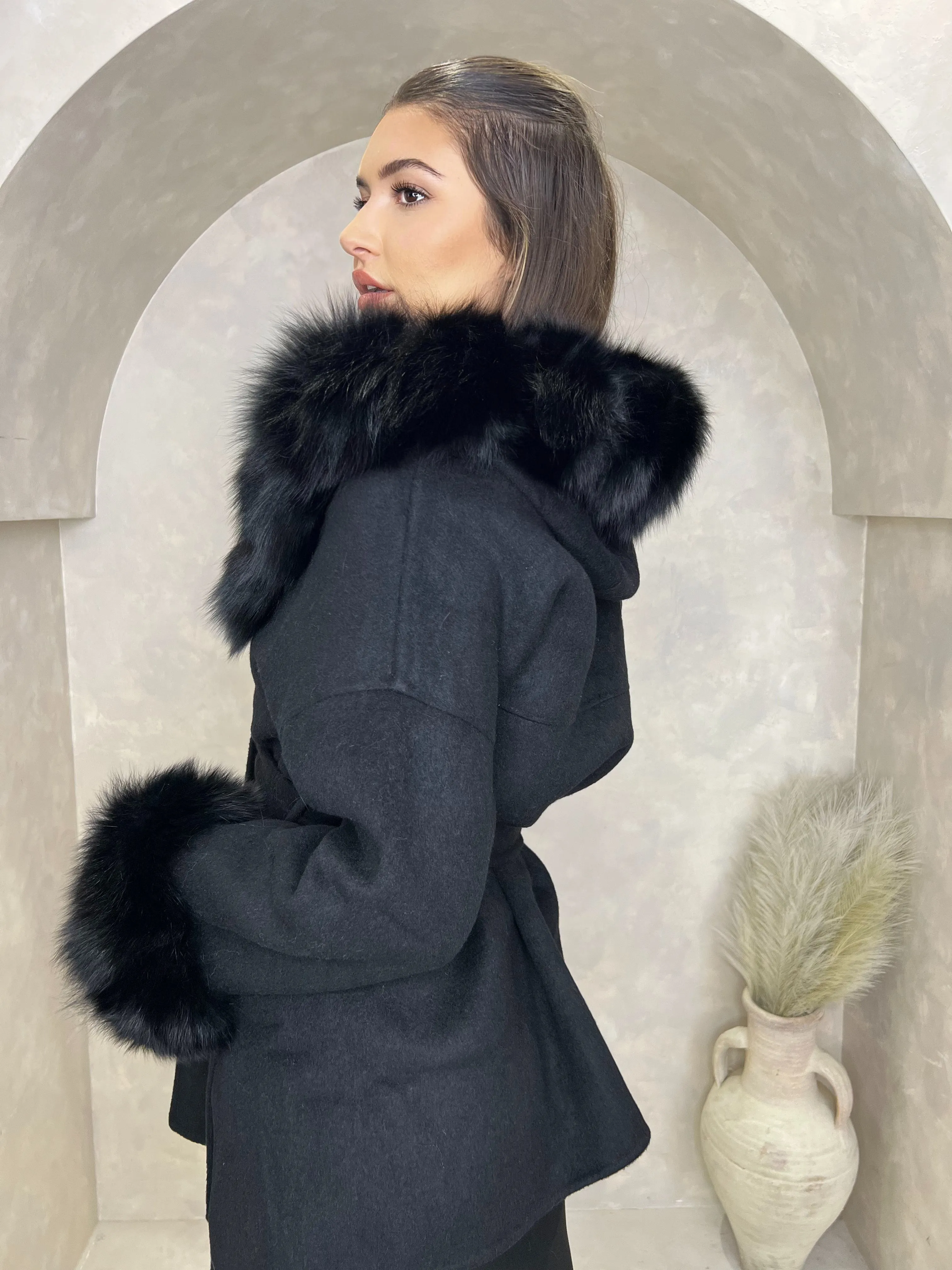 Black/Black Cashmere Coat With Fox Fur Trim