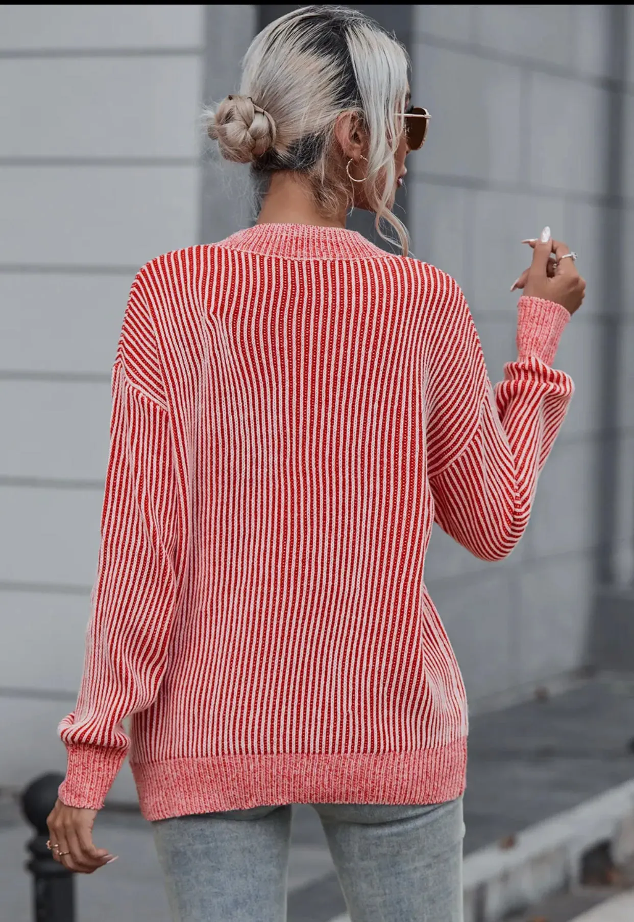 Blouse - Red Striped Print Ribbed Trim Round Neck Sweater/Multicolor