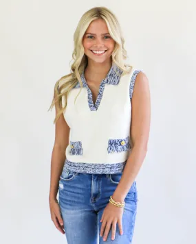 Blue & Cream Sleeveless Collared Top