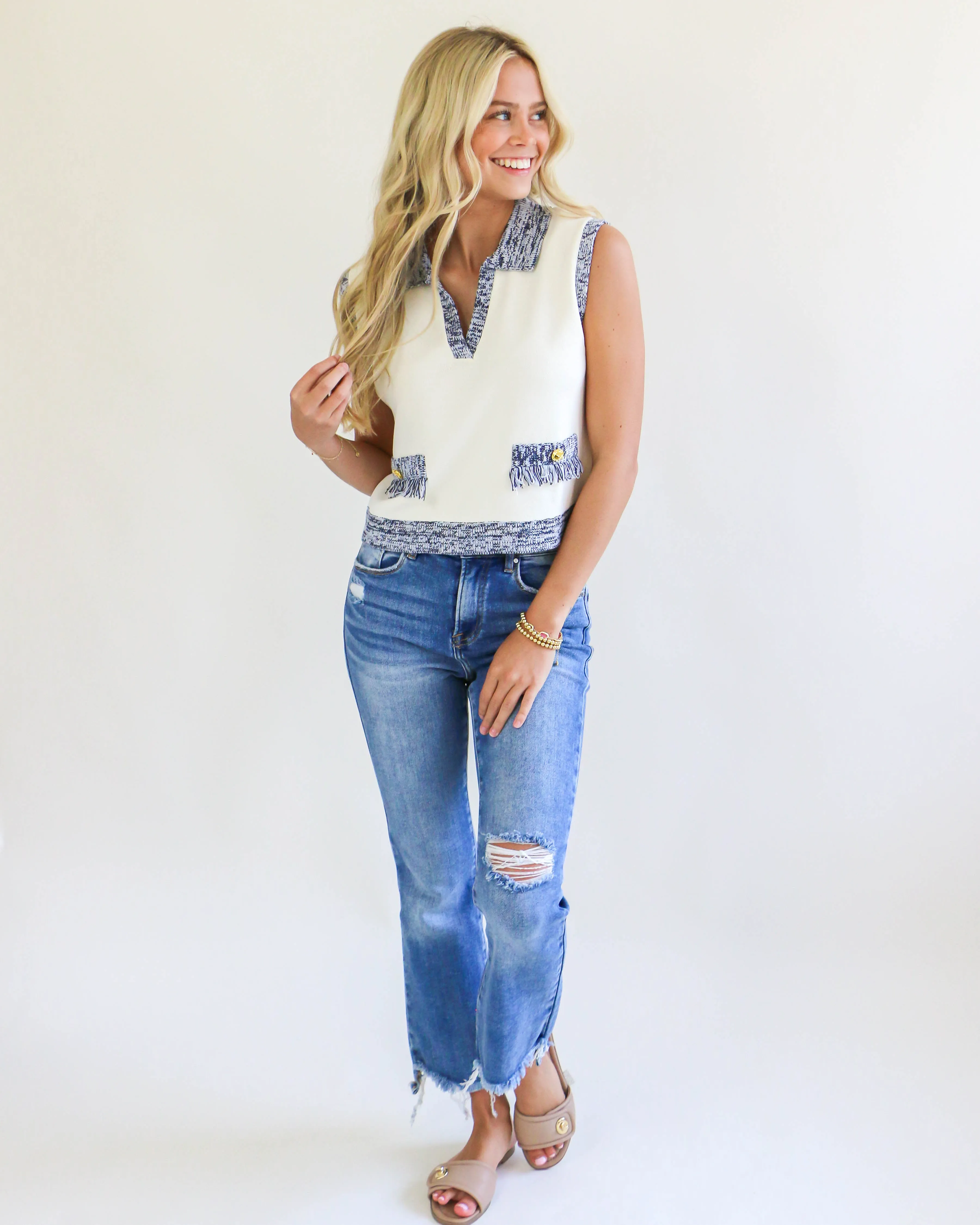 Blue & Cream Sleeveless Collared Top