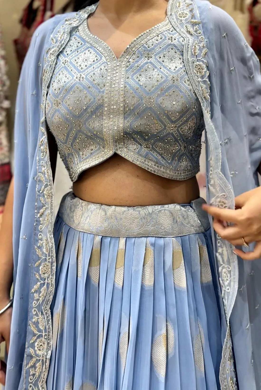 Blue Banaras, Stone, Sequins, Zari and Thread work Overcoat Styled Crop Top Lehenga