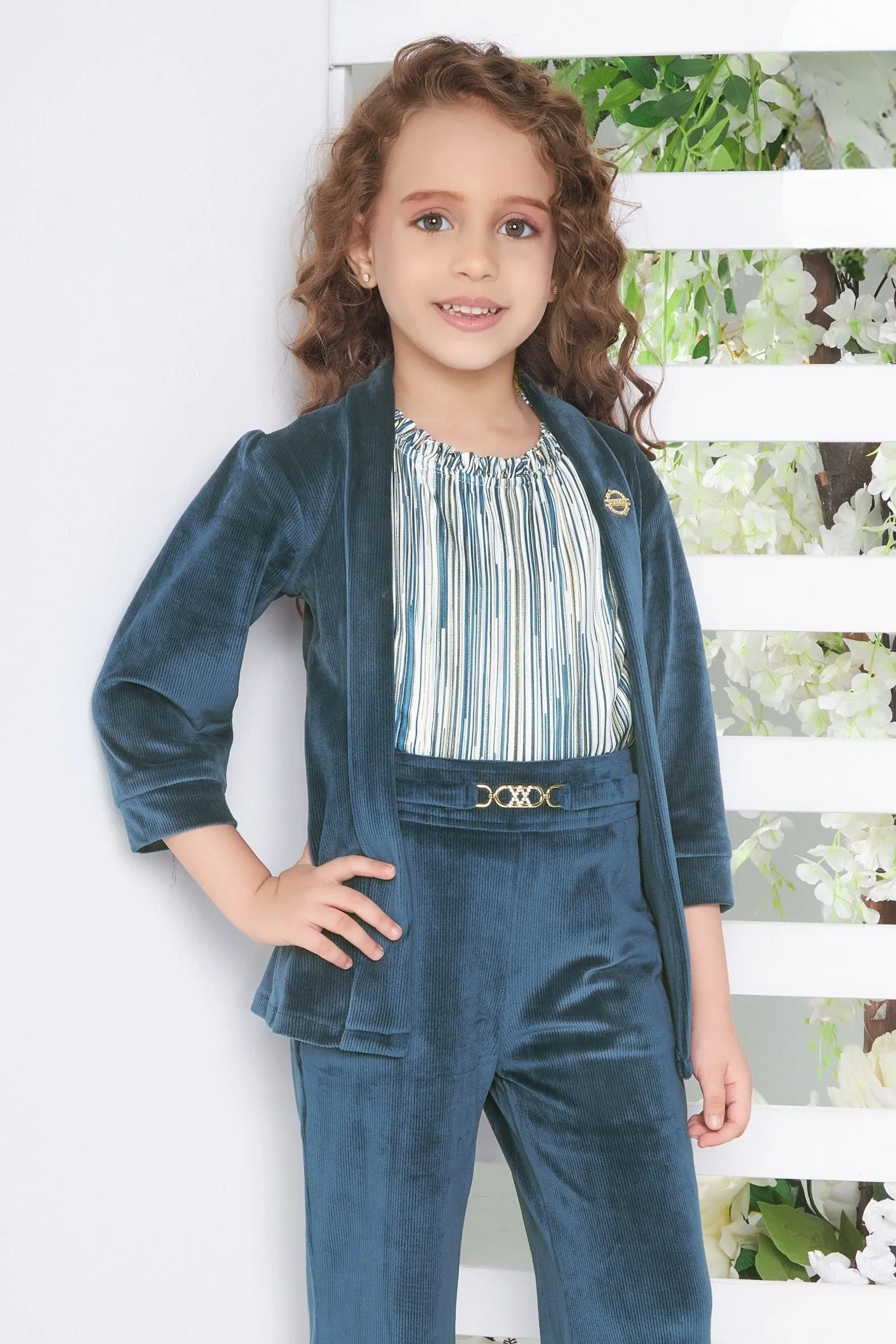 Blue with Half White Overcoat Styled Top and Pant Set for Girls