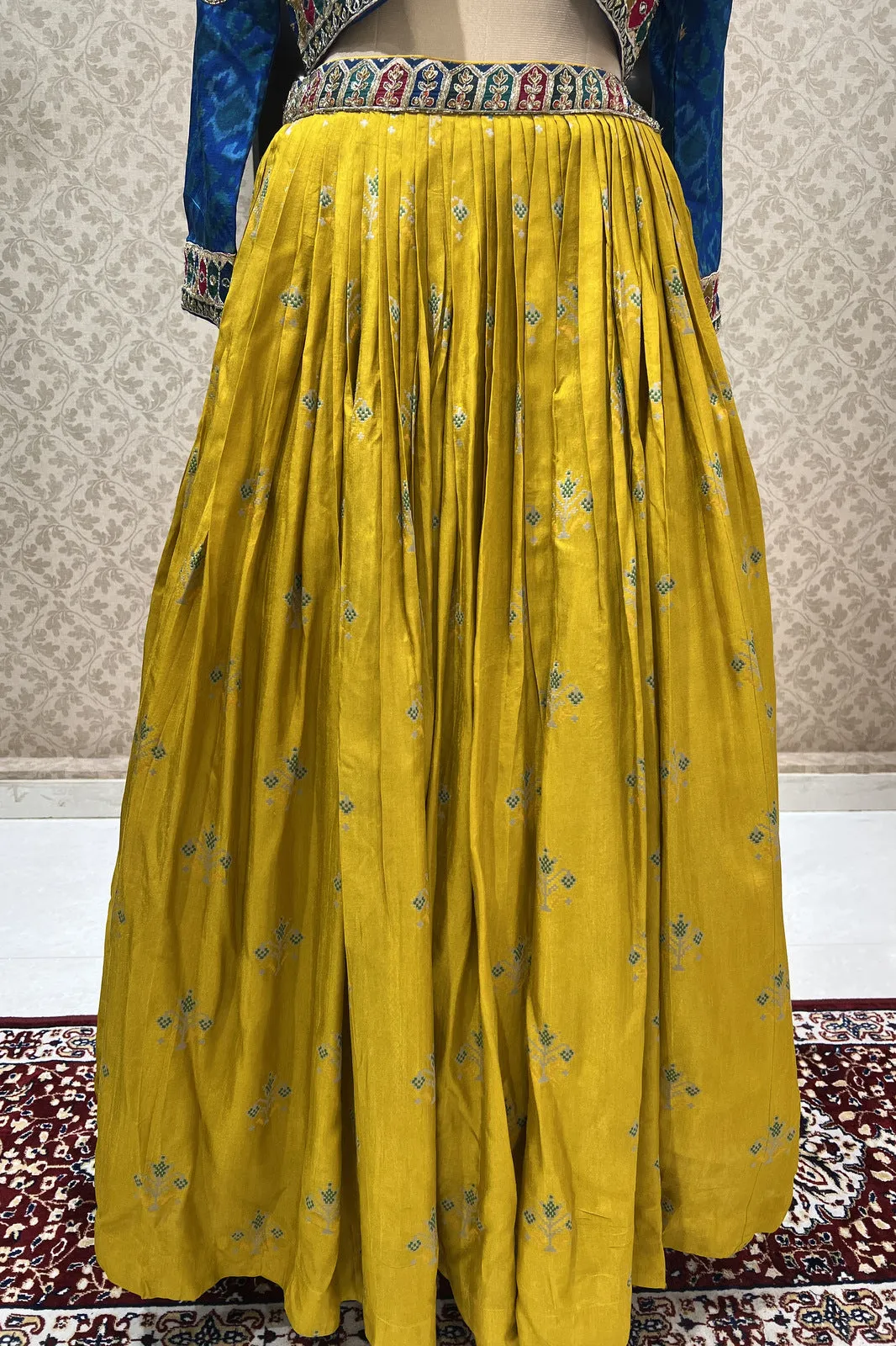 Blue with Yellow Sequins, Beads, Zardozi and Mirror work Jacket Styled Crop Top Lehenga