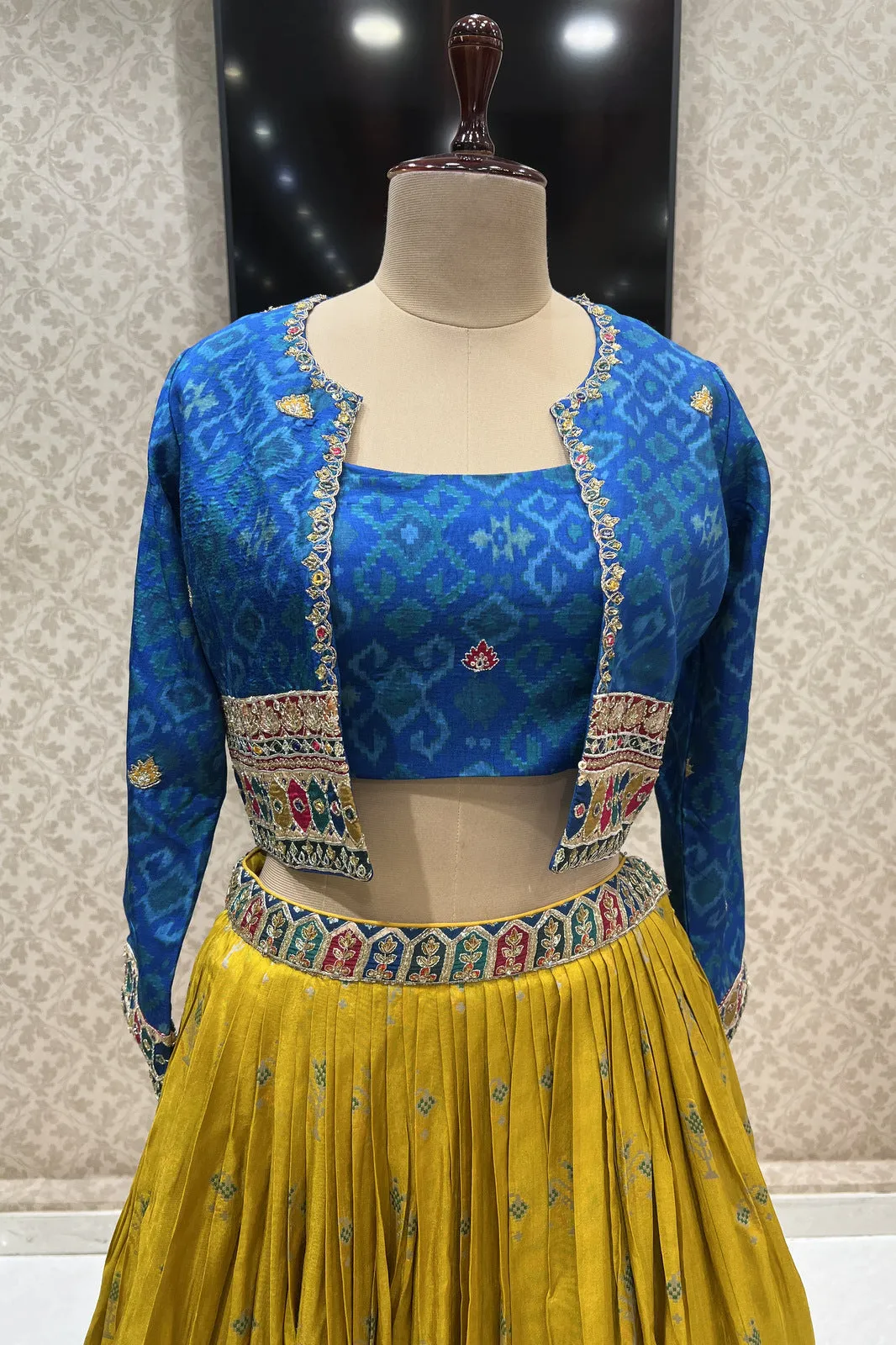 Blue with Yellow Sequins, Beads, Zardozi and Mirror work Jacket Styled Crop Top Lehenga