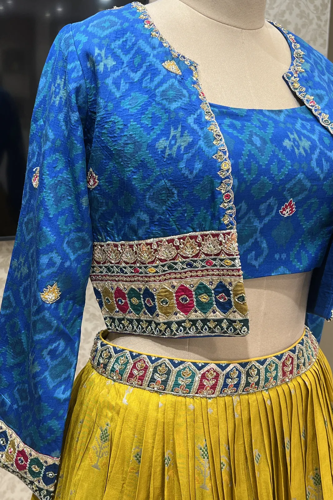 Blue with Yellow Sequins, Beads, Zardozi and Mirror work Jacket Styled Crop Top Lehenga