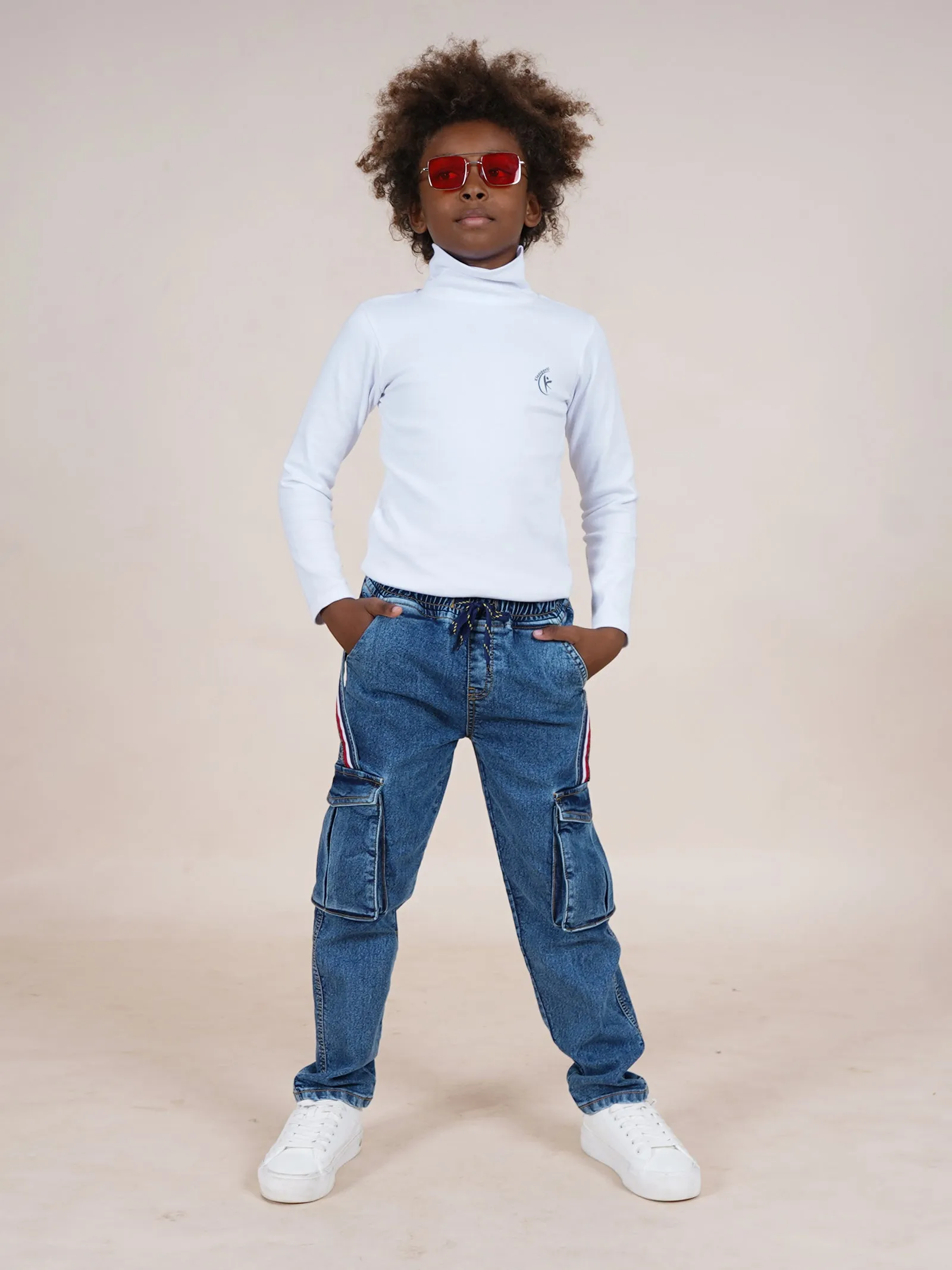 Boys Cotton Solid Full Sleeves Turtle Neck Tee & Cargo Pocket Denim Jeans With Side Strap