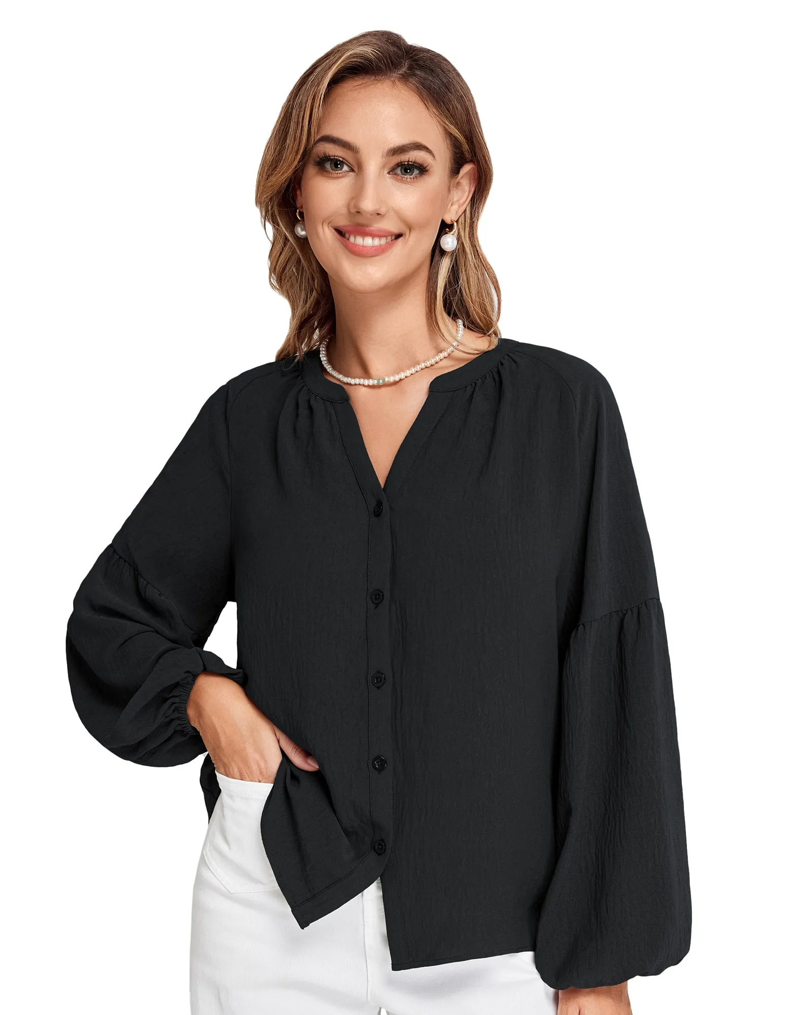 BP Women Vintage Henley V-Neck Shirt Long Lantern Sleeve Button-up Tops