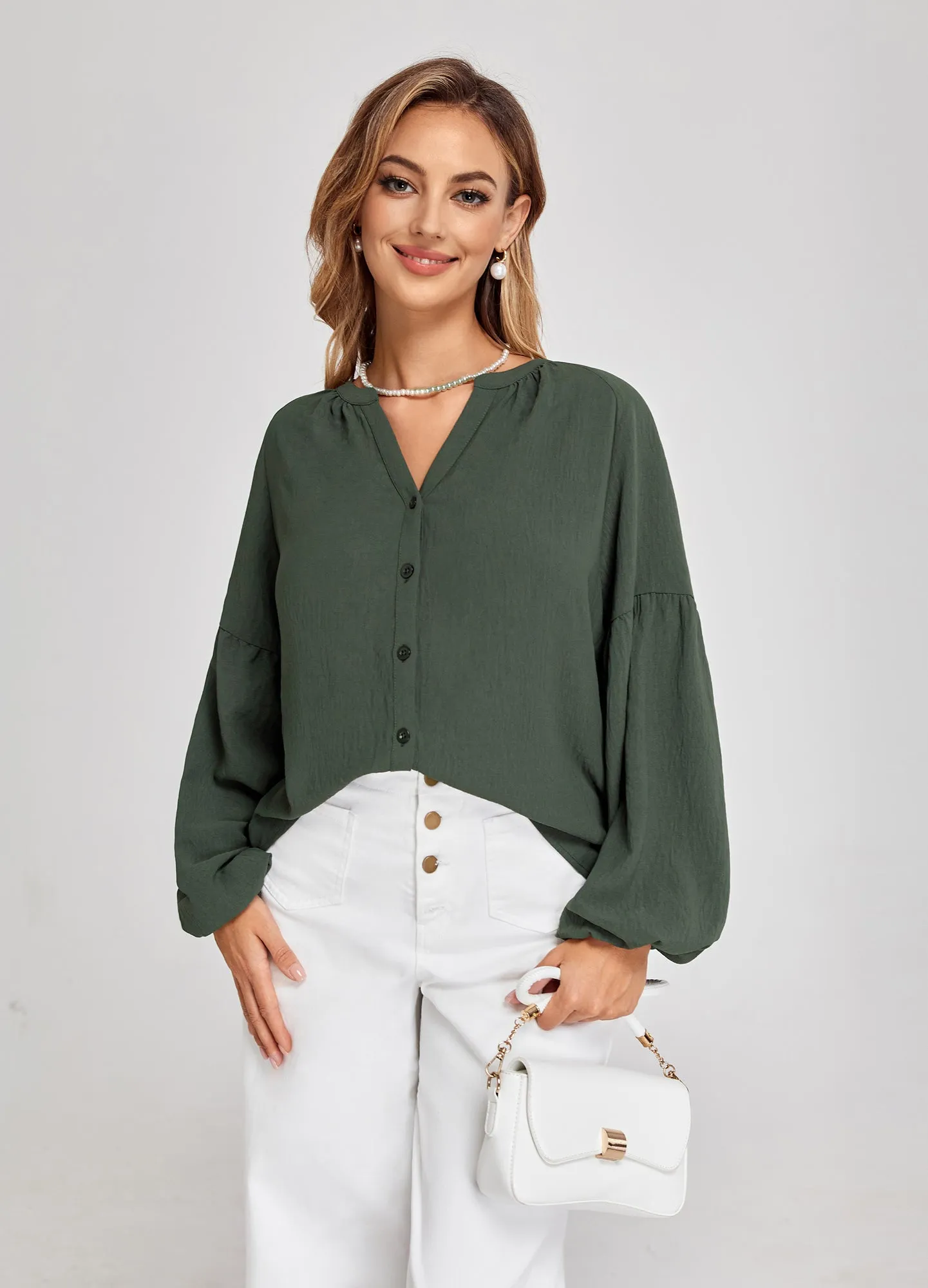 BP Women Vintage Henley V-Neck Shirt Long Lantern Sleeve Button-up Tops