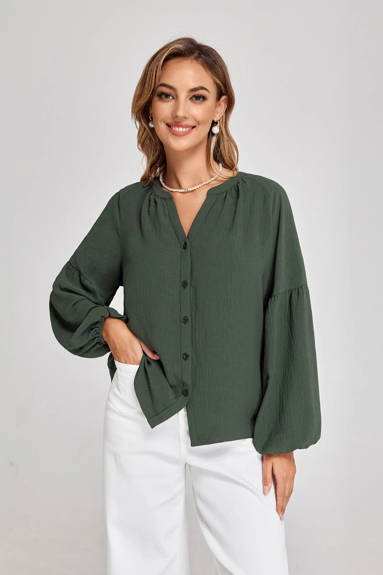 BP Women Vintage Henley V-Neck Shirt Long Lantern Sleeve Button-up Tops