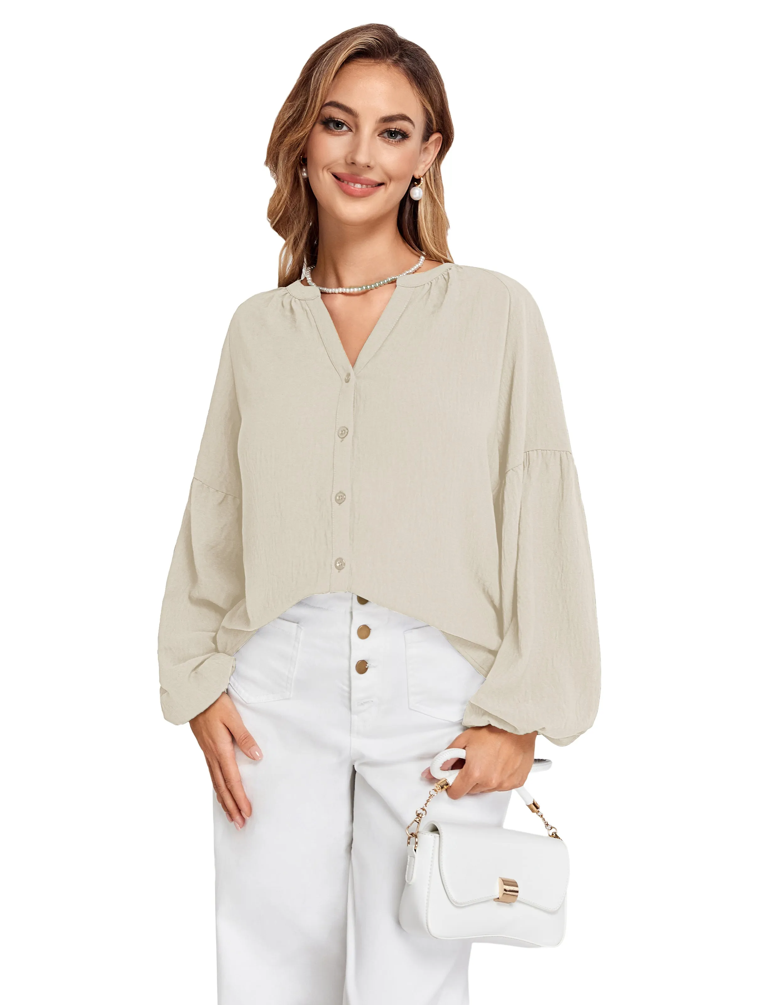 BP Women Vintage Henley V-Neck Shirt Long Lantern Sleeve Button-up Tops