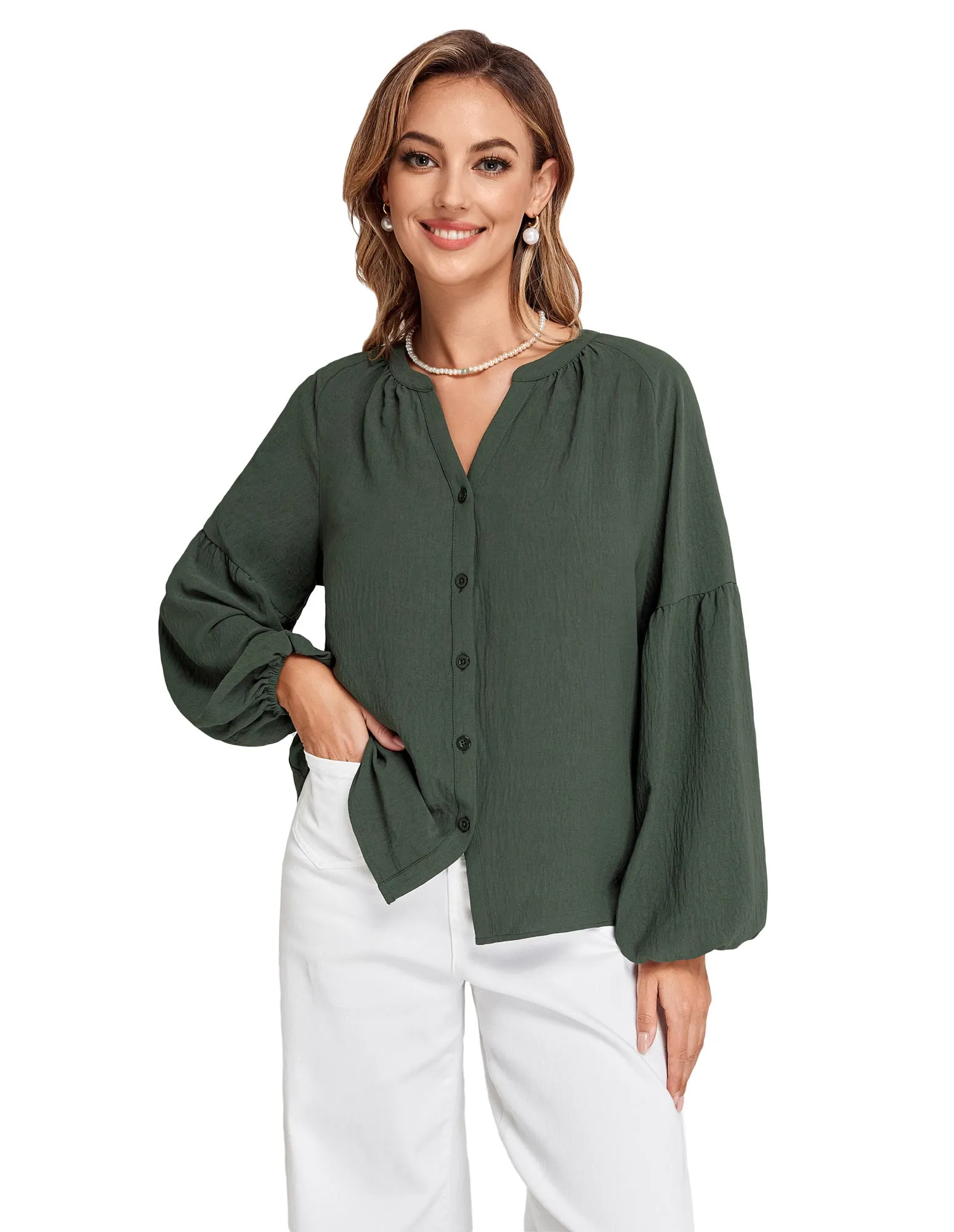 BP Women Vintage Henley V-Neck Shirt Long Lantern Sleeve Button-up Tops