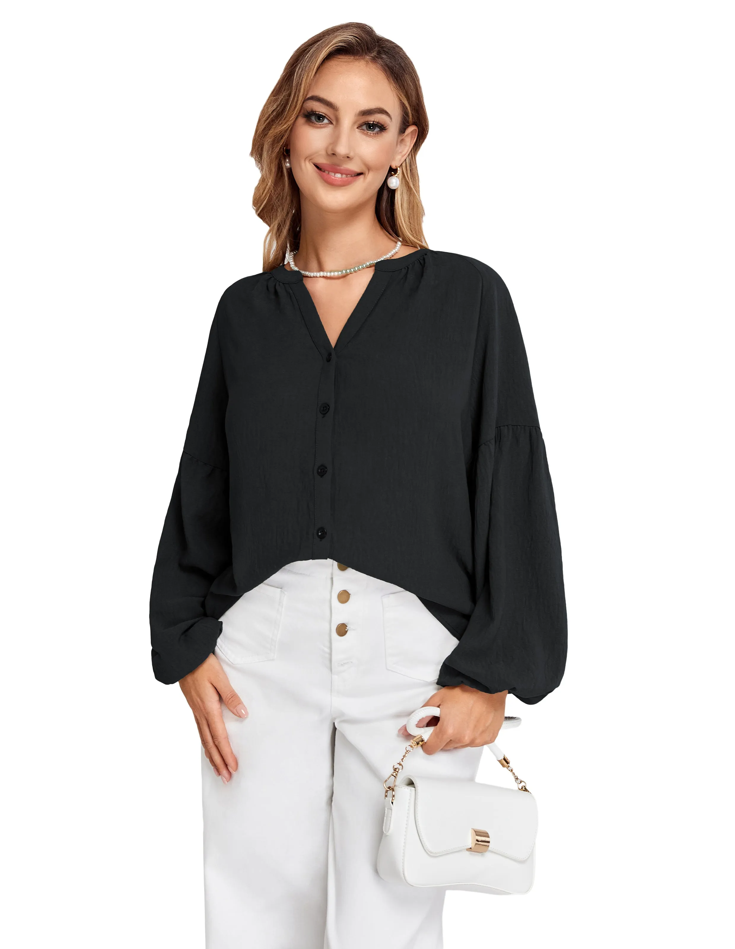 BP Women Vintage Henley V-Neck Shirt Long Lantern Sleeve Button-up Tops