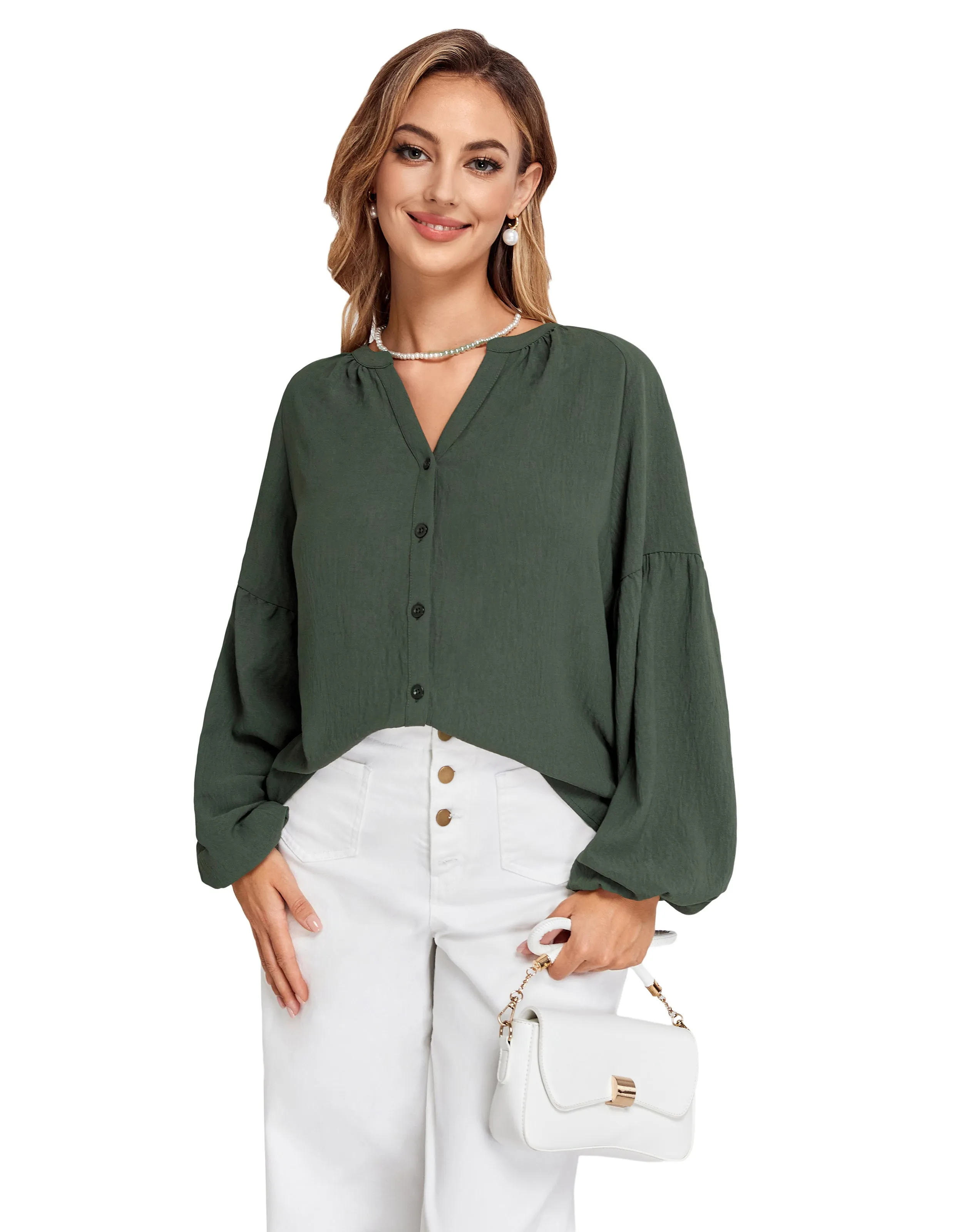 BP Women Vintage Henley V-Neck Shirt Long Lantern Sleeve Button-up Tops