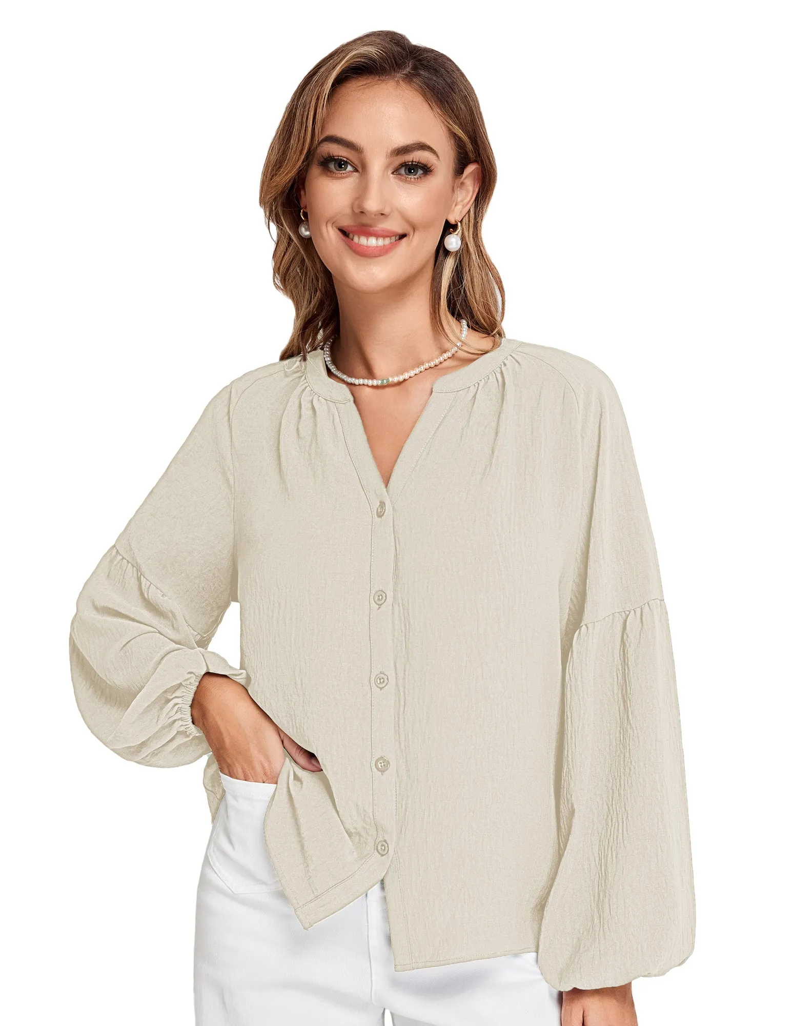 BP Women Vintage Henley V-Neck Shirt Long Lantern Sleeve Button-up Tops