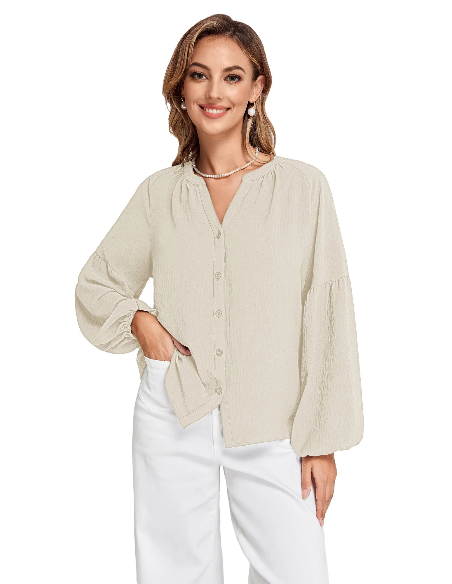 BP Women Vintage Henley V-Neck Shirt Long Lantern Sleeve Button-up Tops