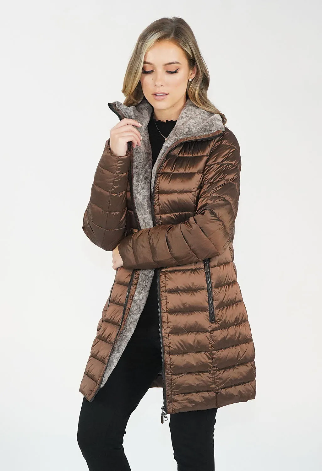 Bronze Metallic Faux Fur Trim Winter Coat