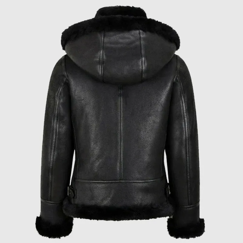 Buy Best Womens B3 Bomber Hooded Classic Black Shearling Leather Jacket