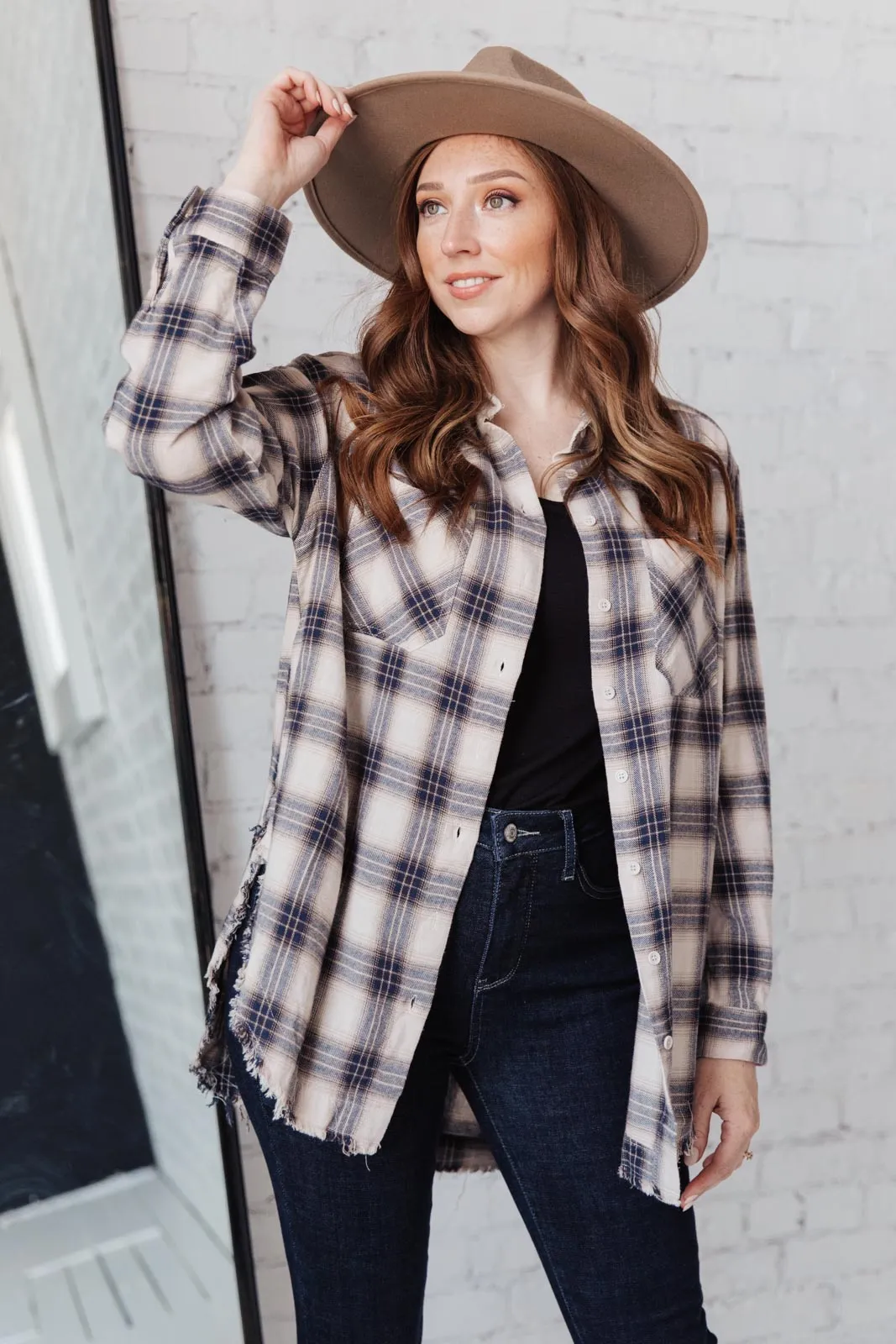 Cabin Views Button Up Top in Taupe/Navy