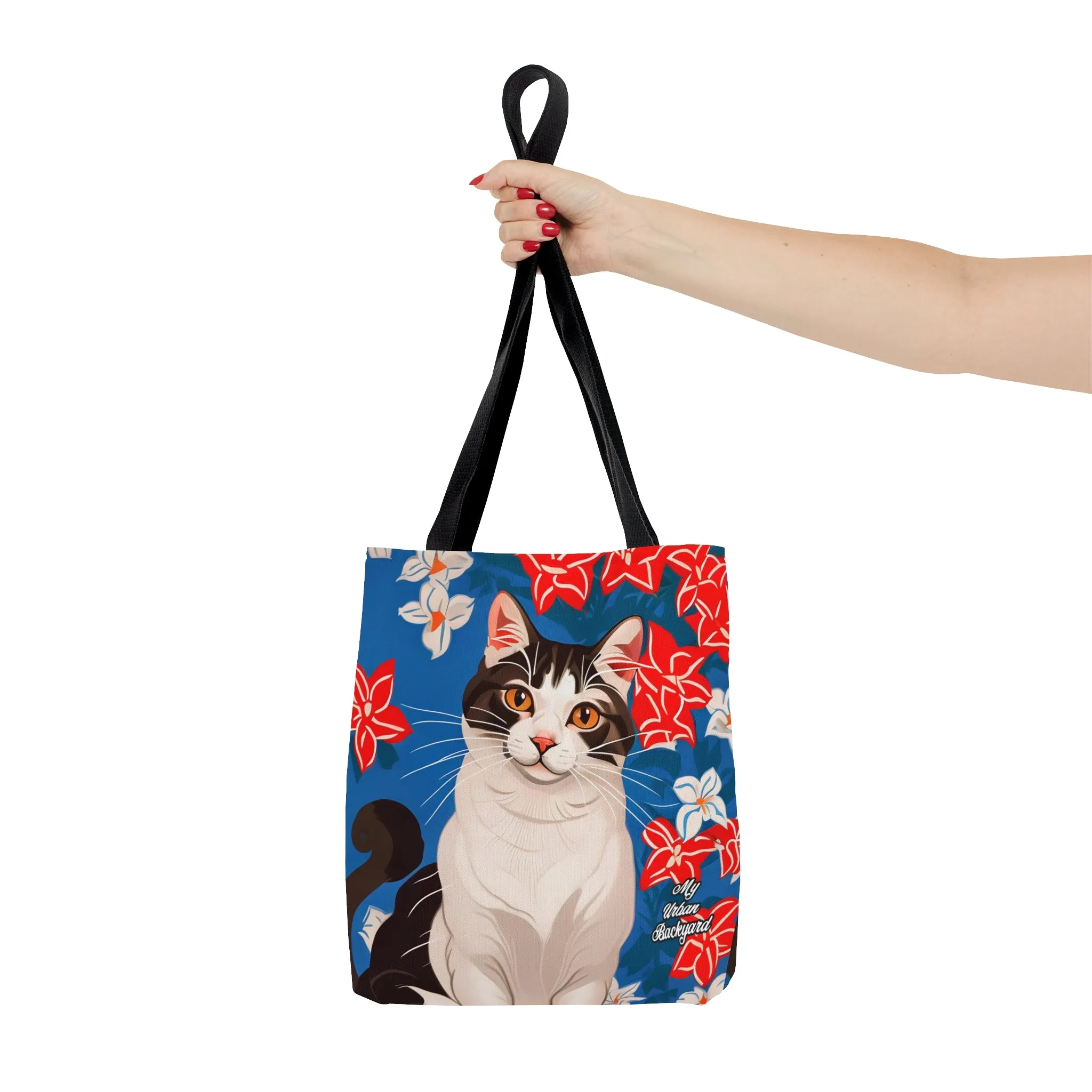 Cat and Red White & Blue Flowers, Tote Bag for Everyday Use - Durable and Functional