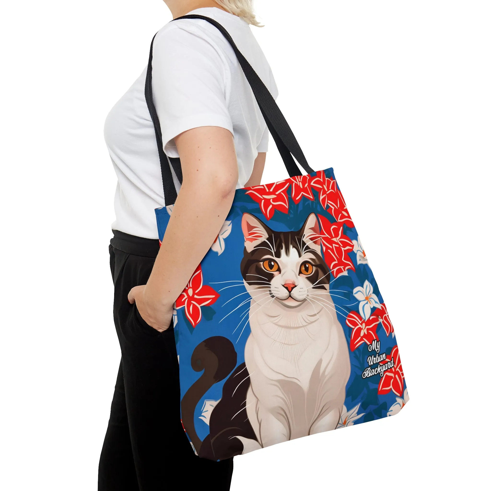 Cat and Red White & Blue Flowers, Tote Bag for Everyday Use - Durable and Functional