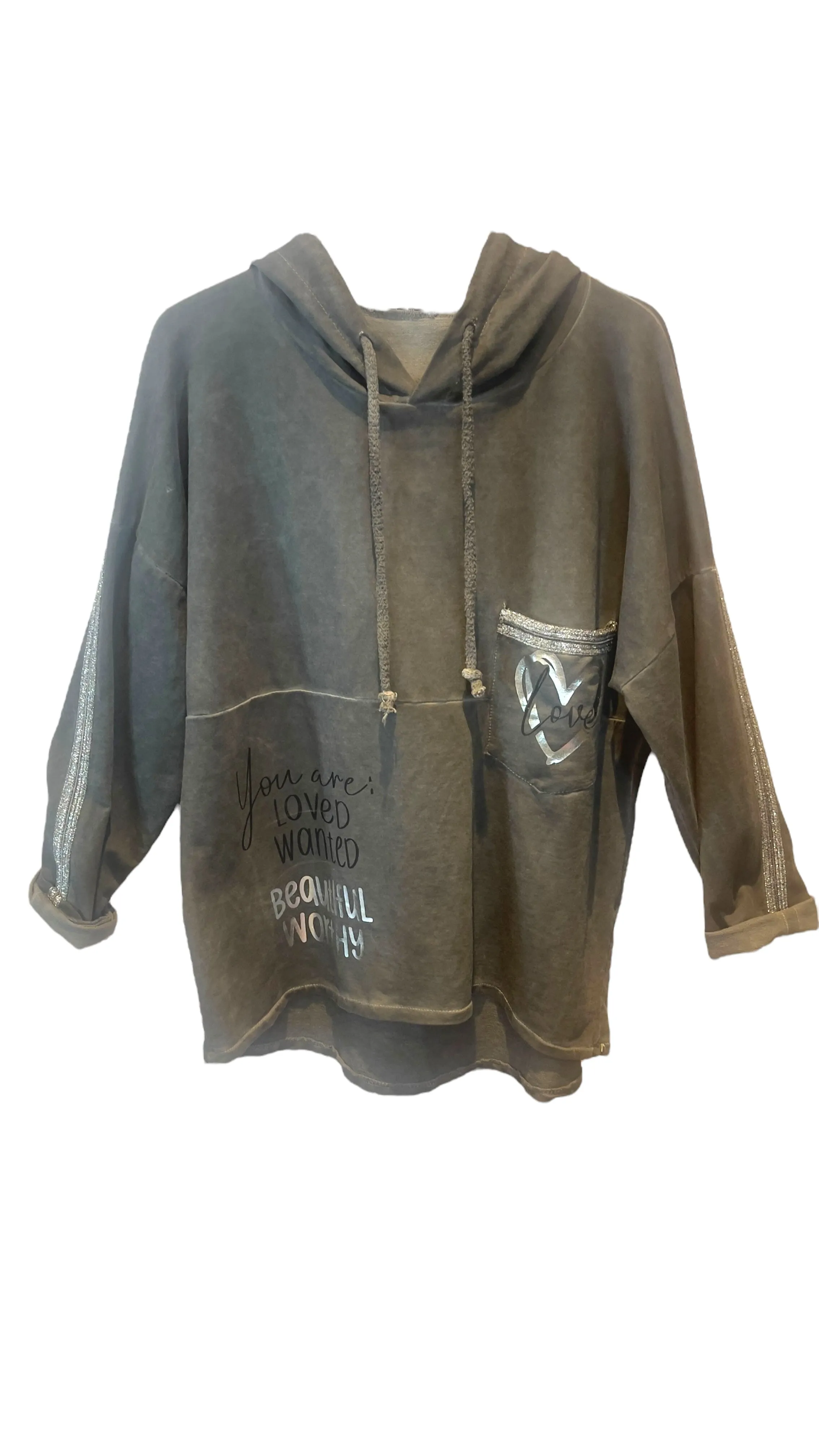 CHARCOAL SILVER HEART BEAUTIFUL COTTON HOODY