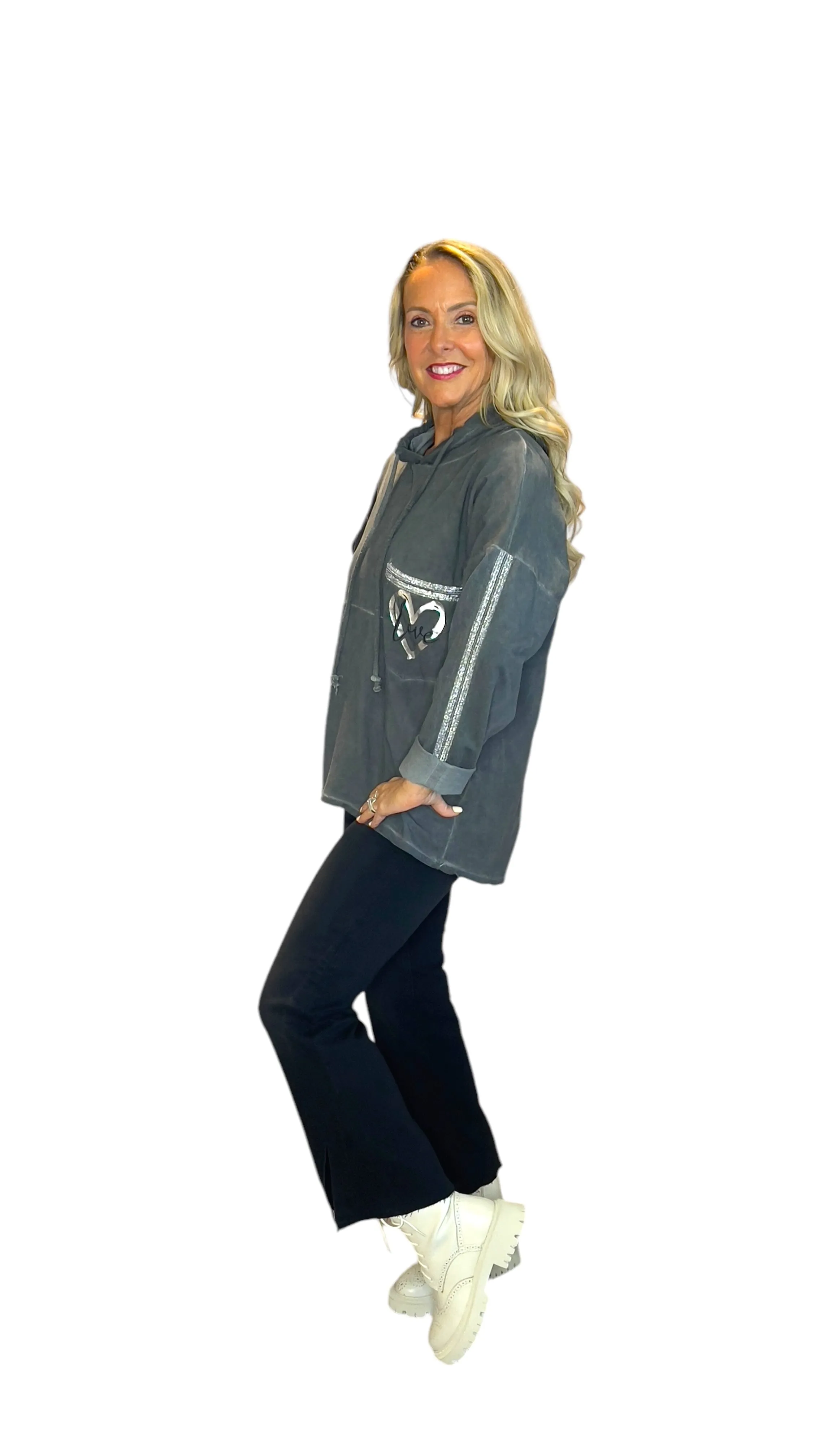 CHARCOAL SILVER HEART BEAUTIFUL COTTON HOODY