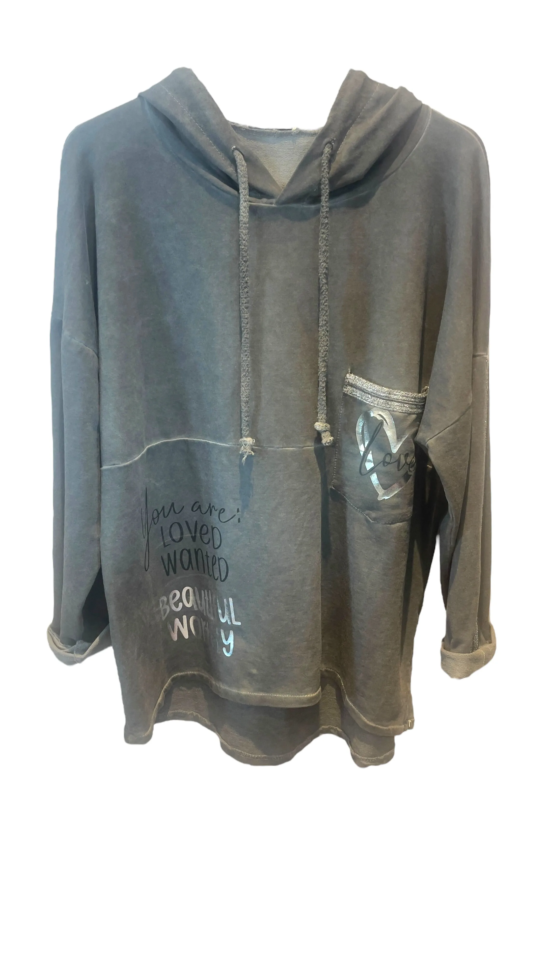 CHARCOAL SILVER HEART BEAUTIFUL COTTON HOODY