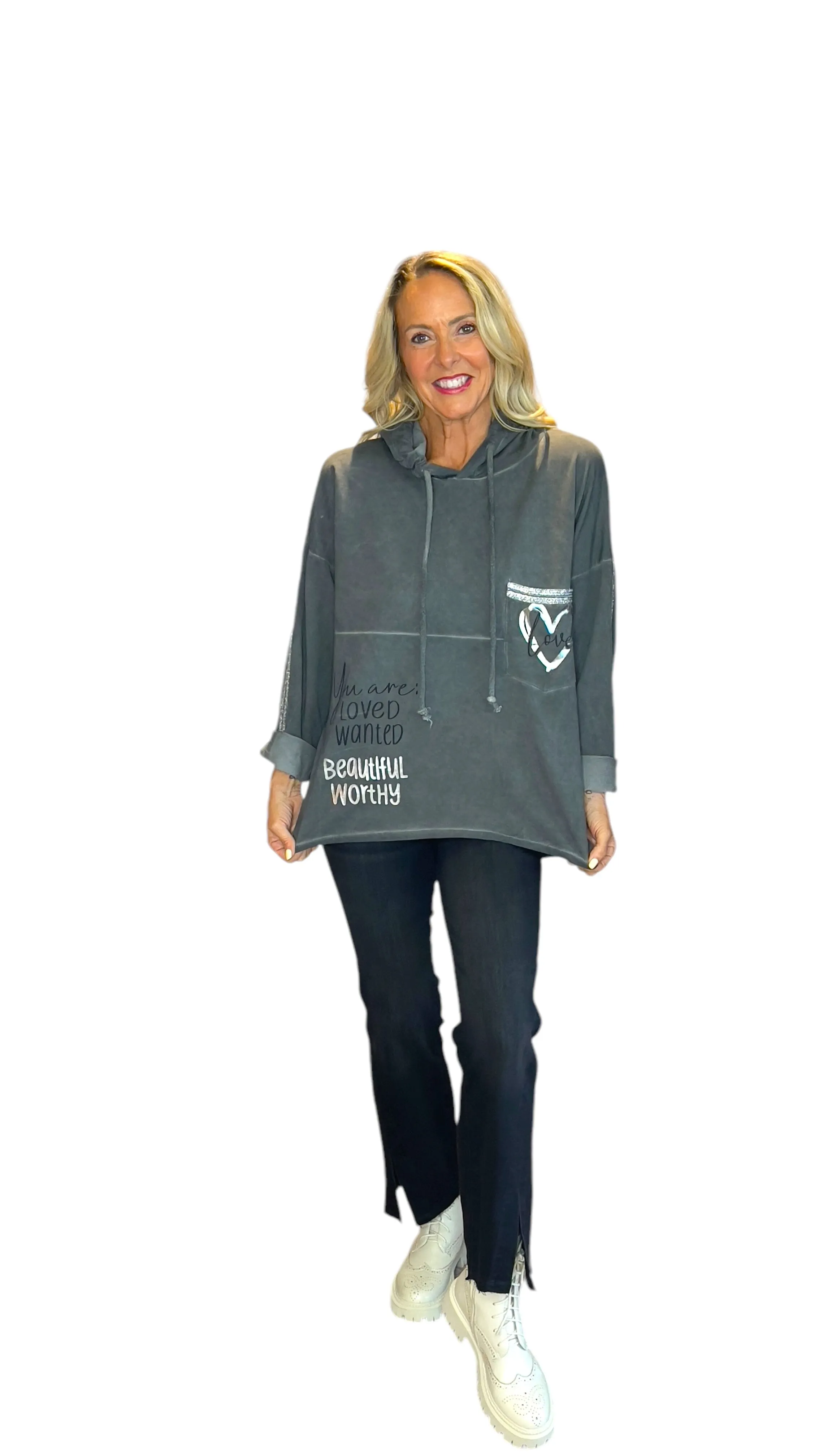 CHARCOAL SILVER HEART BEAUTIFUL COTTON HOODY