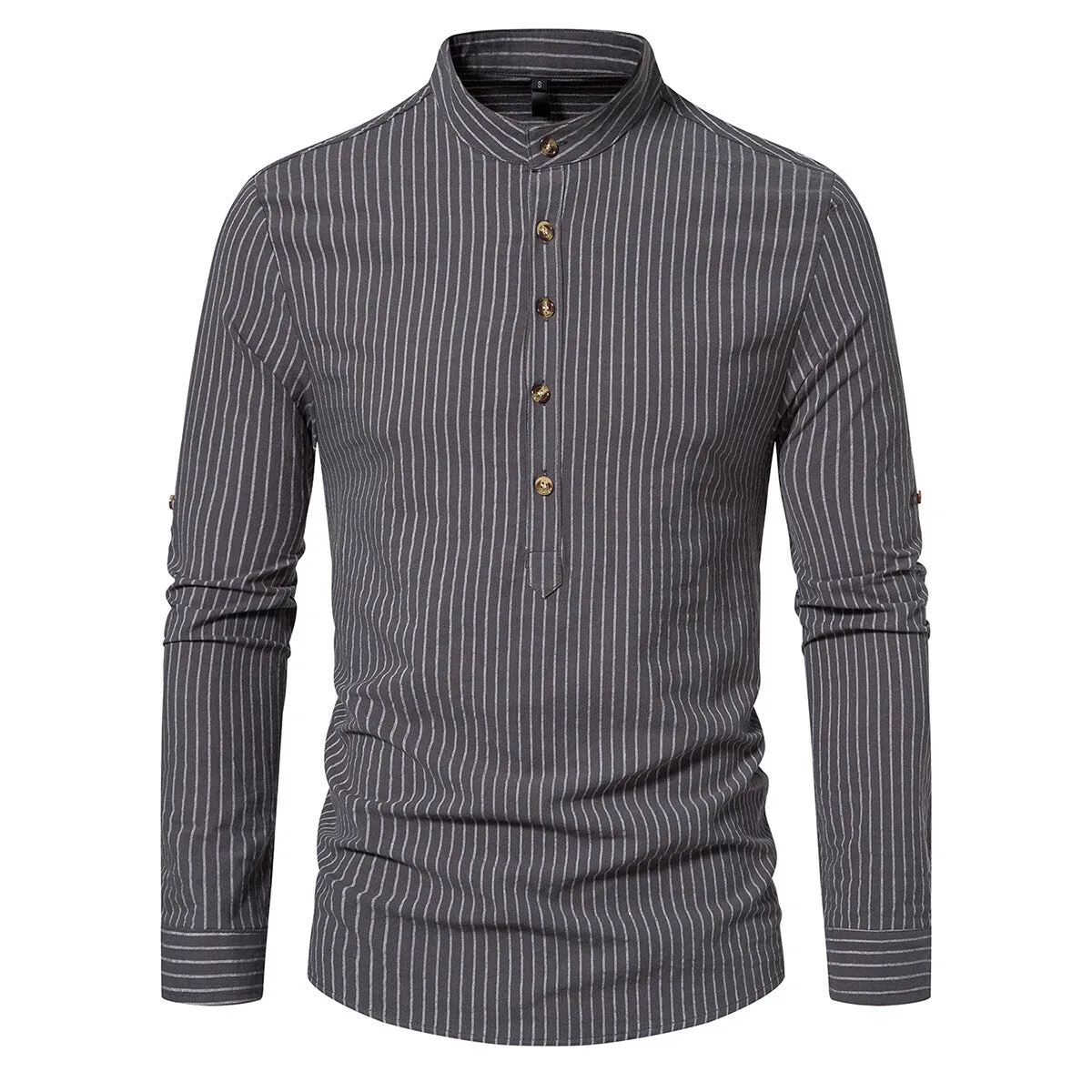 Cloudstyle Men Shirt Henley Collar Striped Long Sleeve Soft Casual