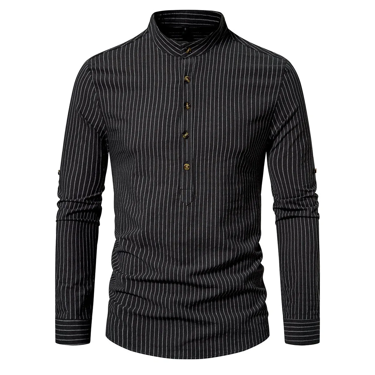 Cloudstyle Men Shirt Henley Collar Striped Long Sleeve Soft Casual