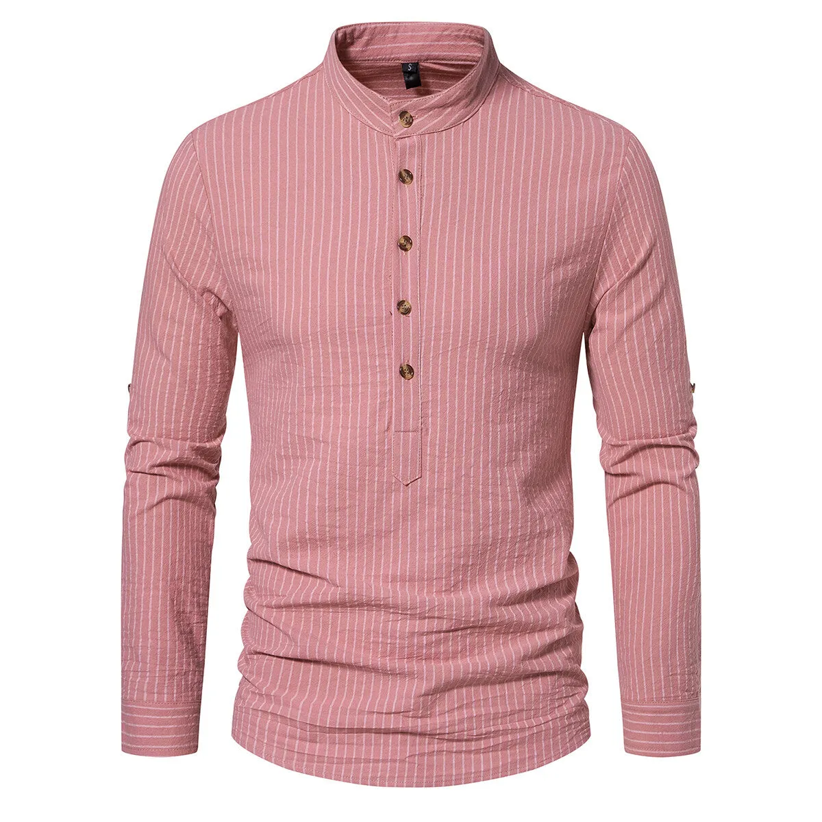 Cloudstyle Men Shirt Henley Collar Striped Long Sleeve Soft Casual