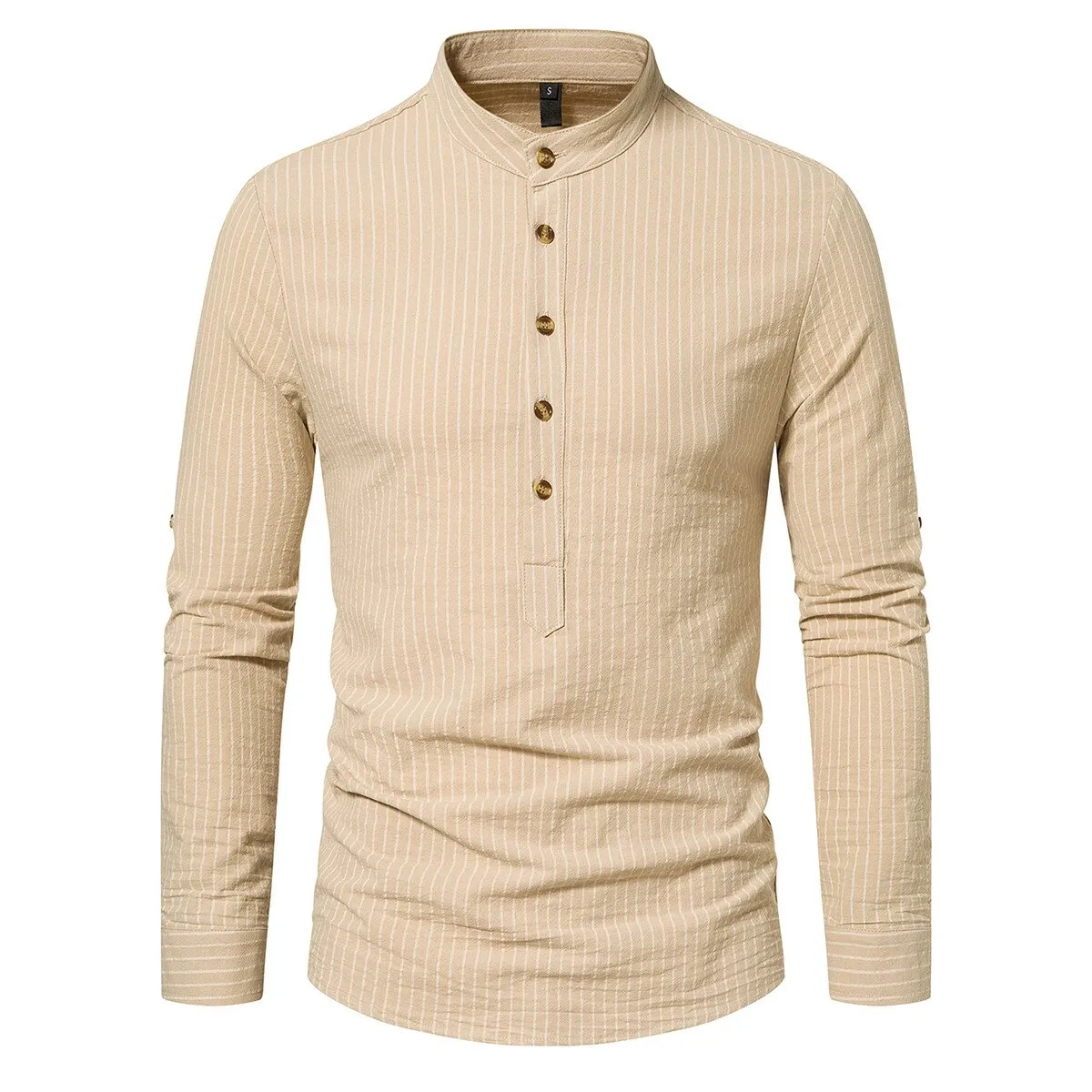 Cloudstyle Men Shirt Henley Collar Striped Long Sleeve Soft Casual