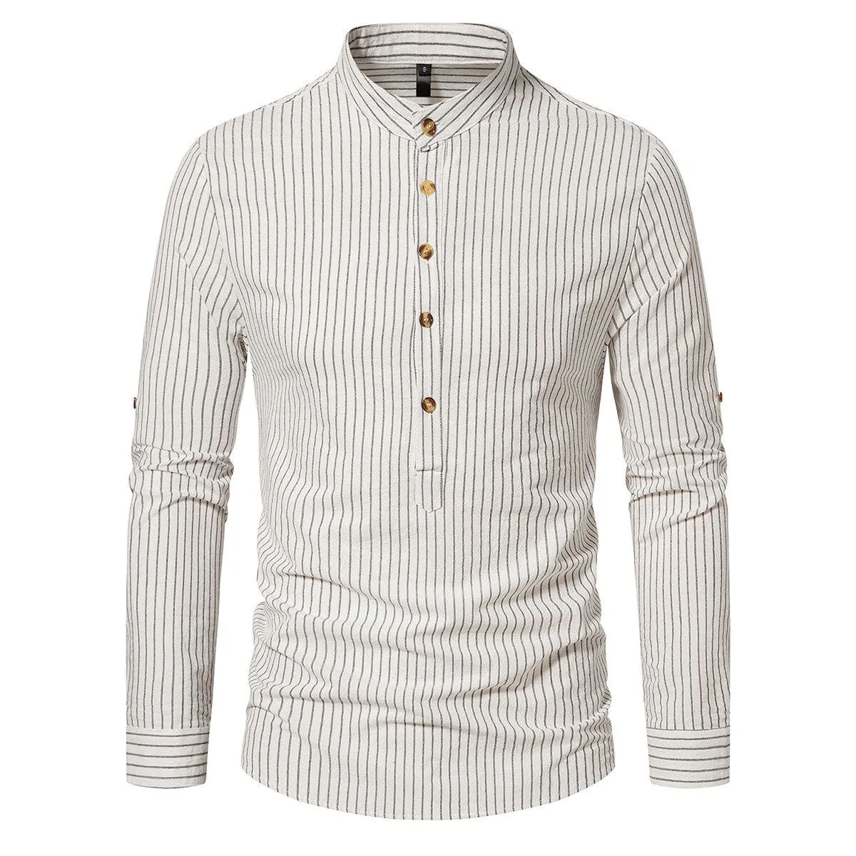 Cloudstyle Men Shirt Henley Collar Striped Long Sleeve Soft Casual