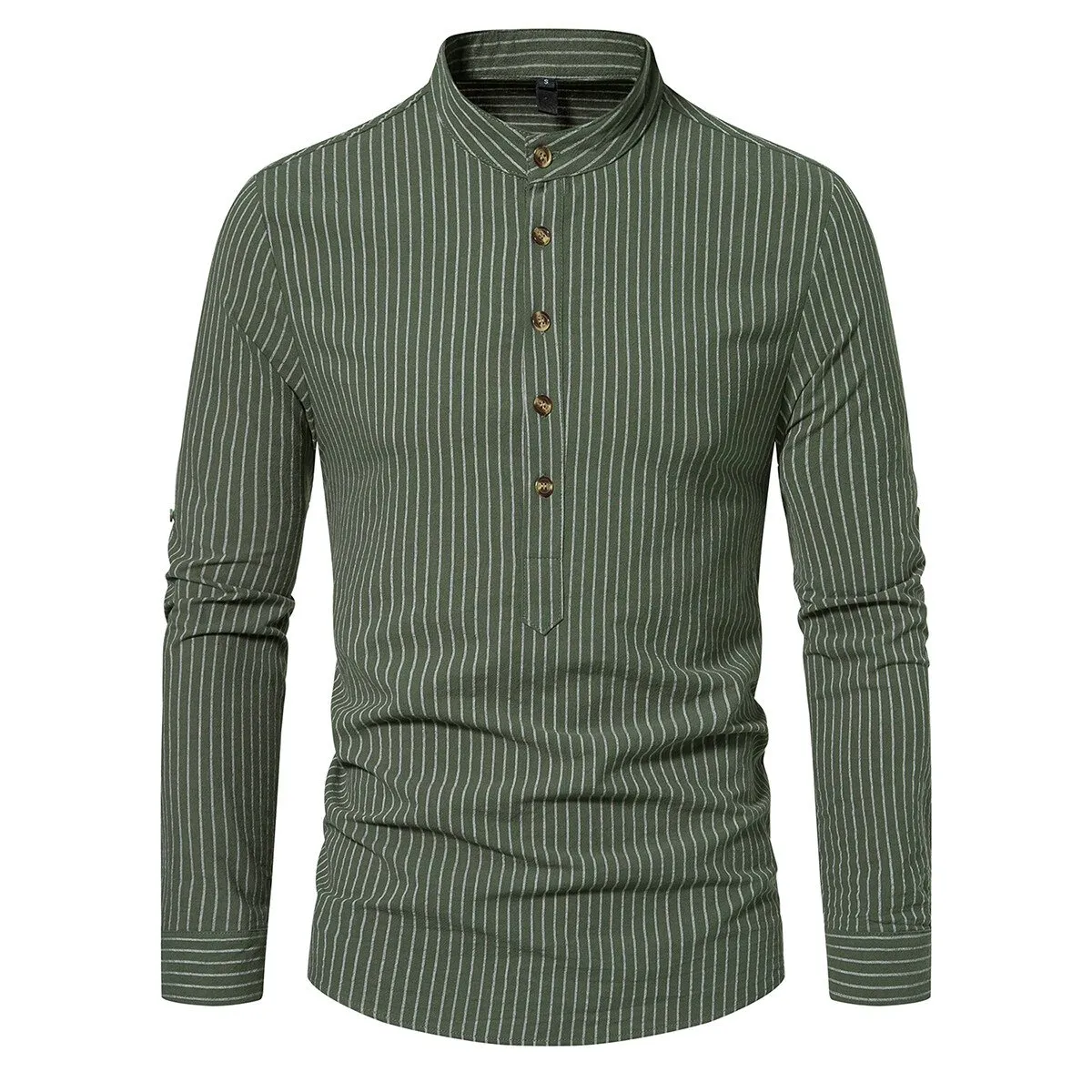 Cloudstyle Men Shirt Henley Collar Striped Long Sleeve Soft Casual