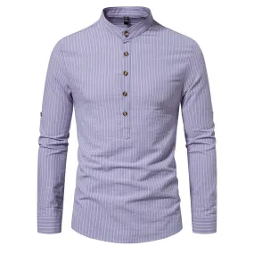 Cloudstyle Men Shirt Henley Collar Striped Long Sleeve Soft Casual