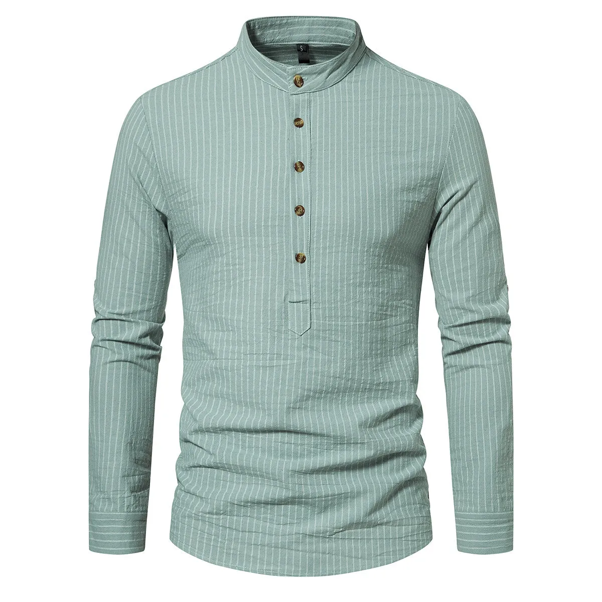 Cloudstyle Men Shirt Henley Collar Striped Long Sleeve Soft Casual